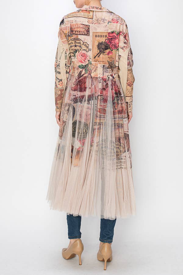 Chic Contrast Longline Blazer Jacket With Mesh Tulle Panel