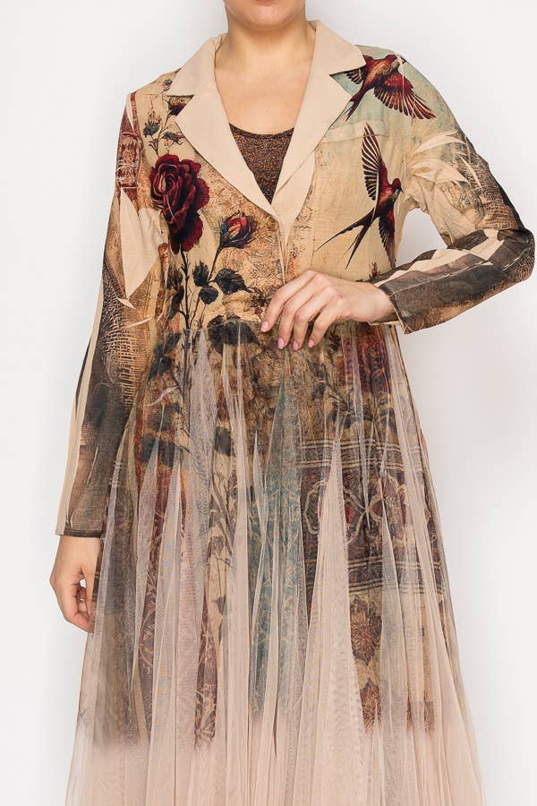 Chic Contrast Longline Blazer Jacket With Mesh Tulle Panel