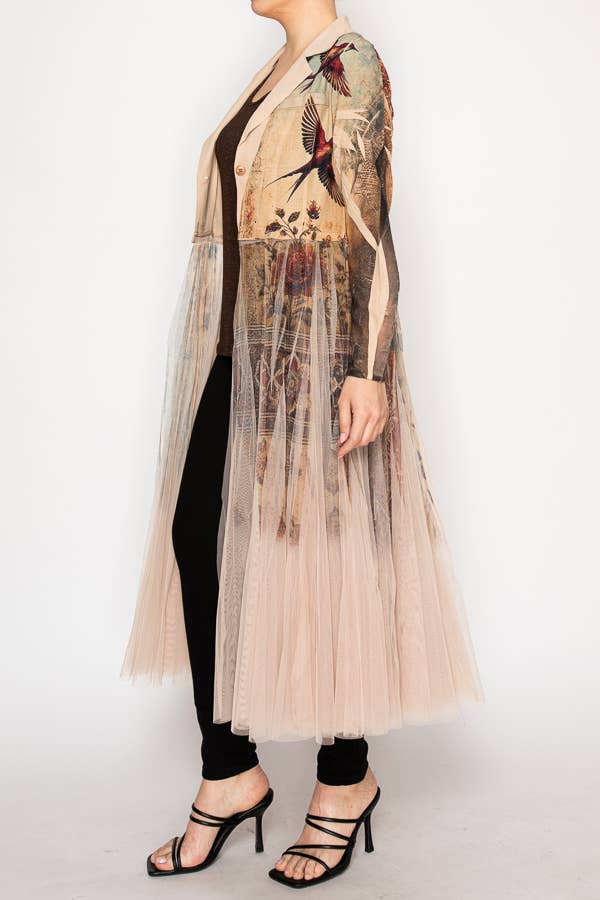 Chic Contrast Longline Blazer Jacket With Mesh Tulle Panel