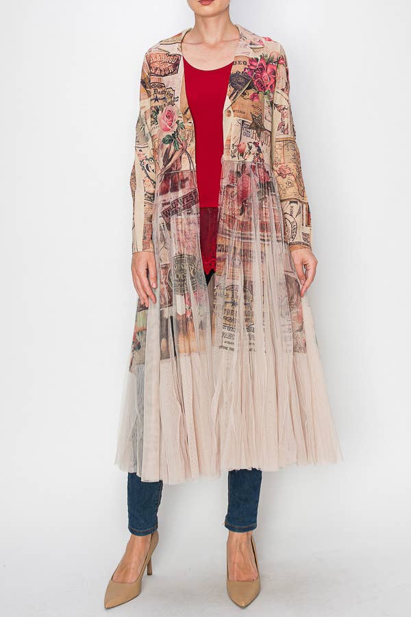 Chic Contrast Longline Blazer Jacket With Mesh Tulle Panel