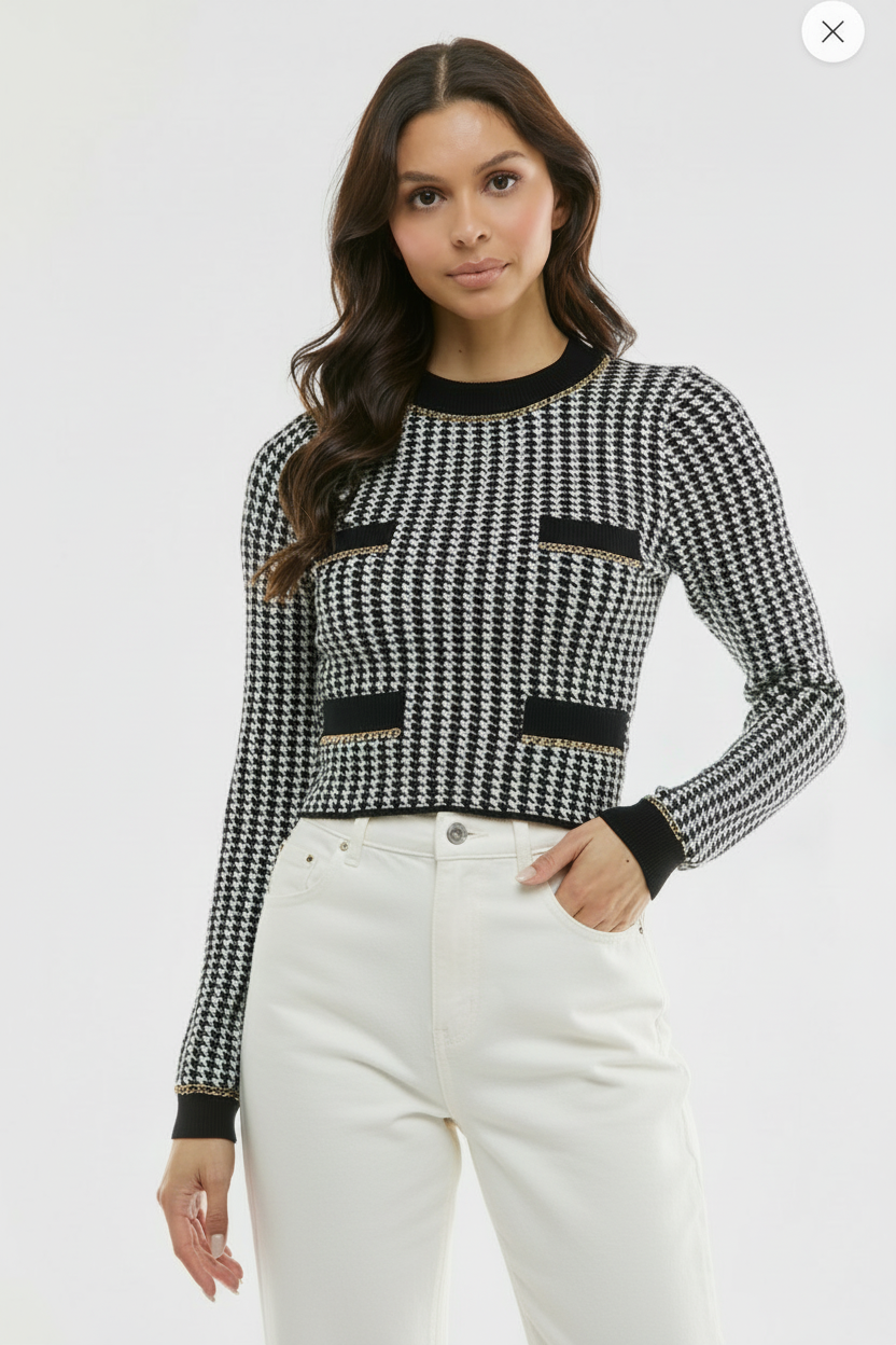 Houndstooth Chain Trim Cropped Sweater Black White Gold Long Sleeve Keyhole Back
