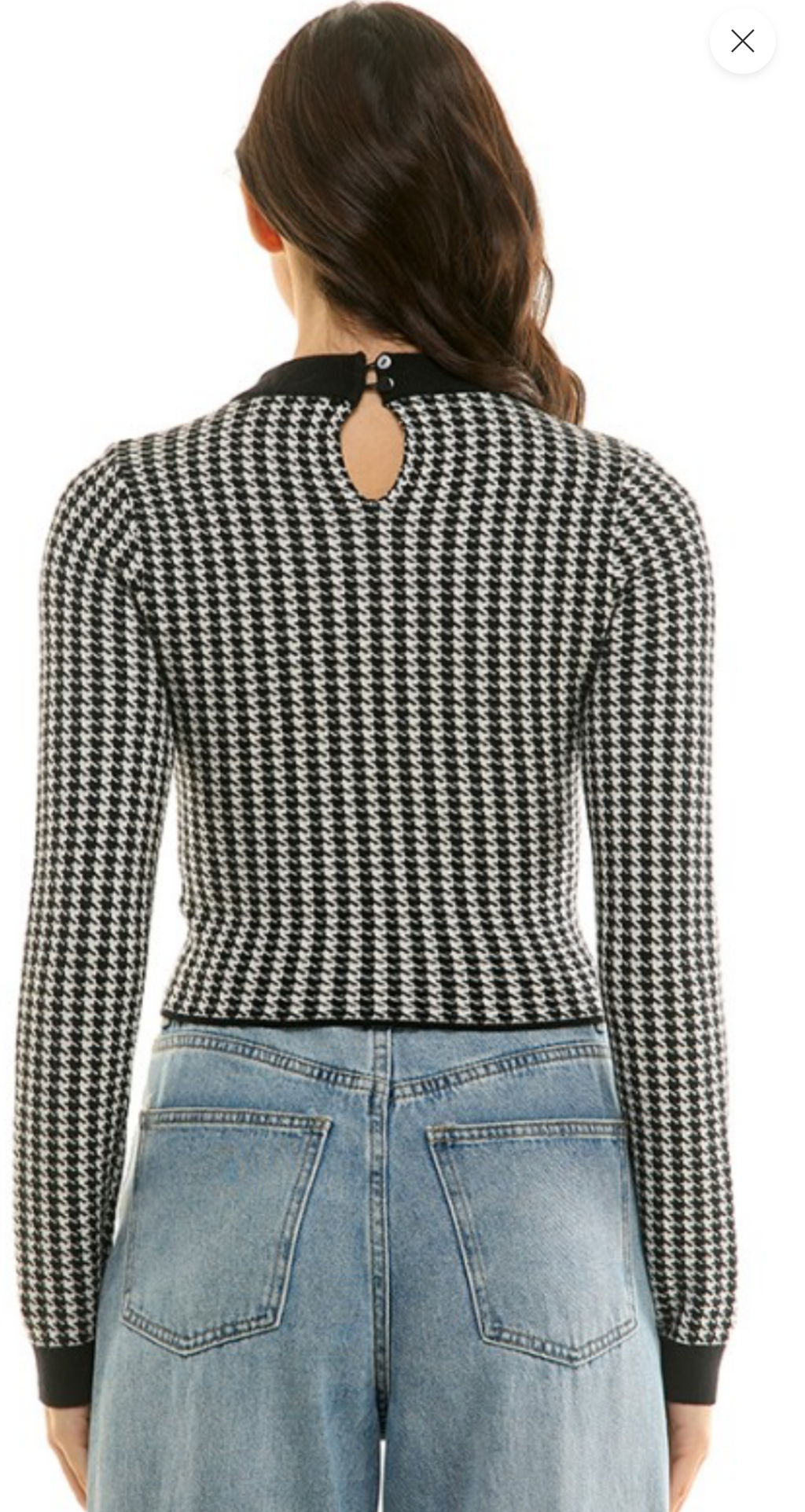Houndstooth Chain Trim Cropped Sweater Black White Gold Long Sleeve Keyhole Back