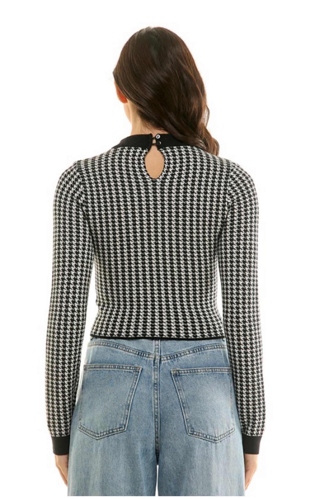 Houndstooth Chain Trim Cropped Sweater Black White Gold Long Sleeve Keyhole Back