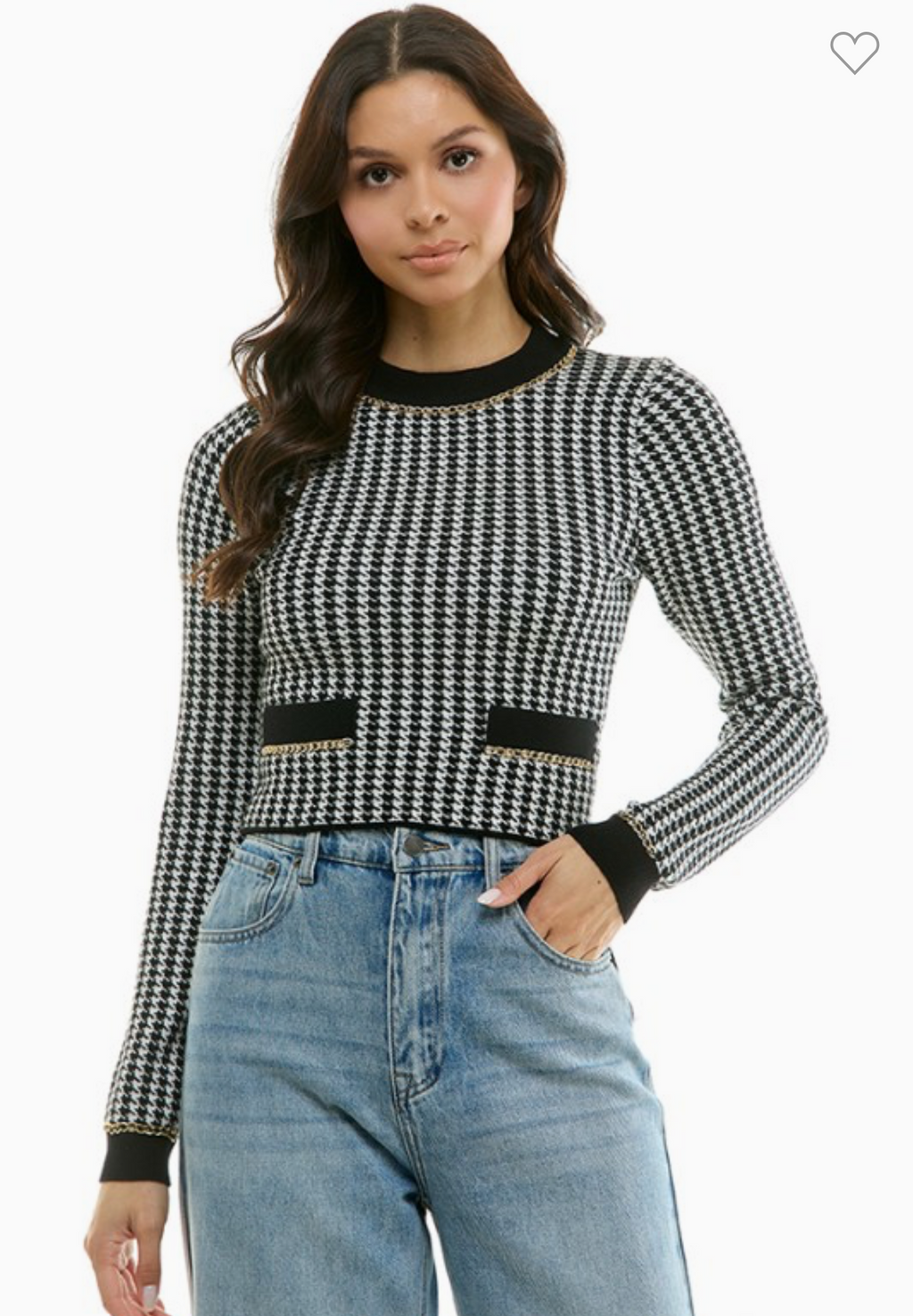 Houndstooth Chain Trim Cropped Sweater Black White Gold Long Sleeve Keyhole Back