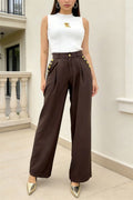 La'ros Brown Wide Leg Trousers Gold Novelty Button High Waist Pleated Pants