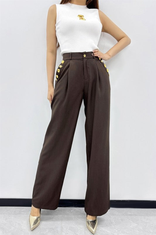 La'ros Brown Wide Leg Trousers Gold Novelty Button High Waist Pleated Pants