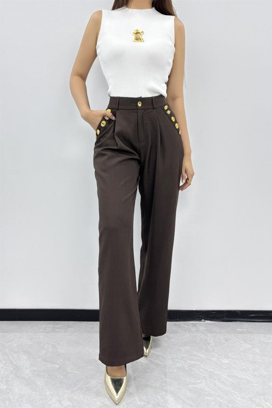 La'ros Brown Wide Leg Trousers Gold Novelty Button High Waist Pleated Pants