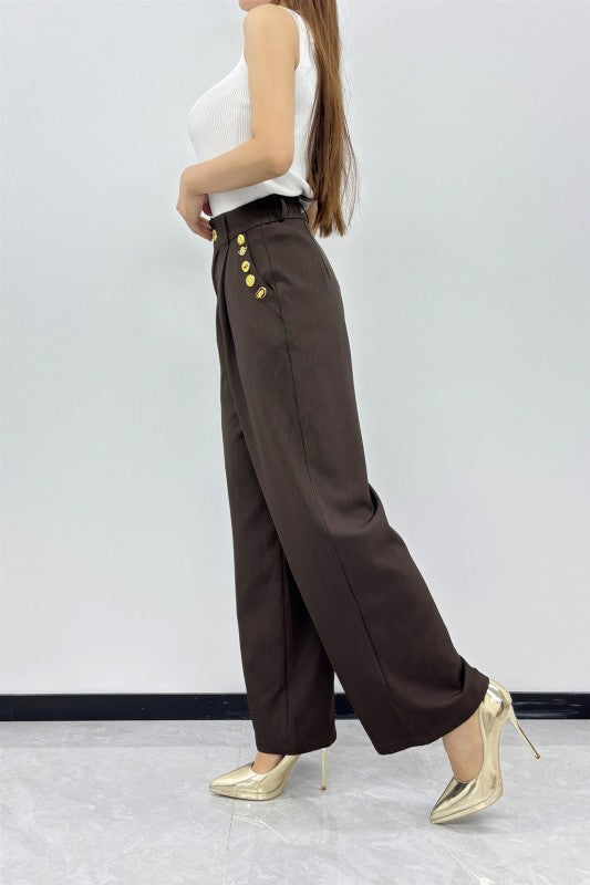La'ros Brown Wide Leg Trousers Gold Novelty Button High Waist Pleated Pants