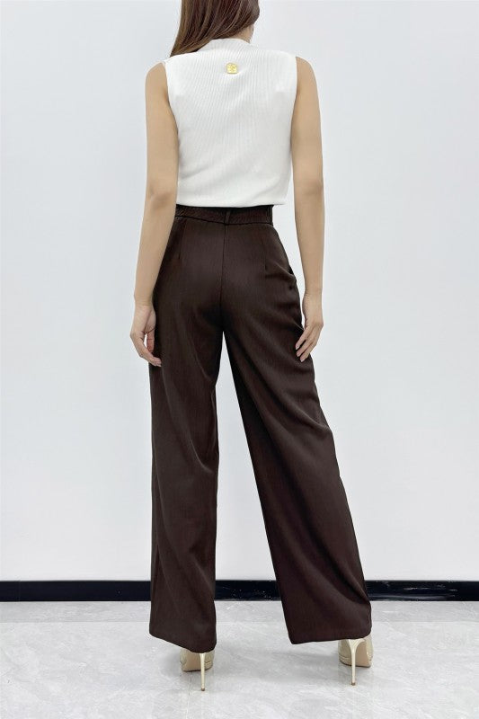 La'ros Brown Wide Leg Trousers Gold Novelty Button High Waist Pleated Pants