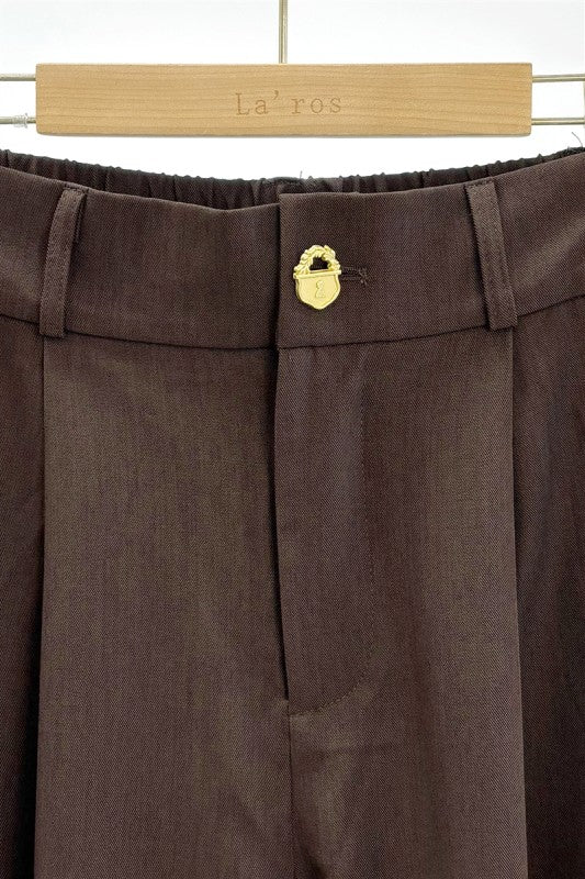 La'ros Brown Wide Leg Trousers Gold Novelty Button High Waist Pleated Pants