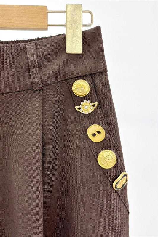 La'ros Brown Wide Leg Trousers Gold Novelty Button High Waist Pleated Pants