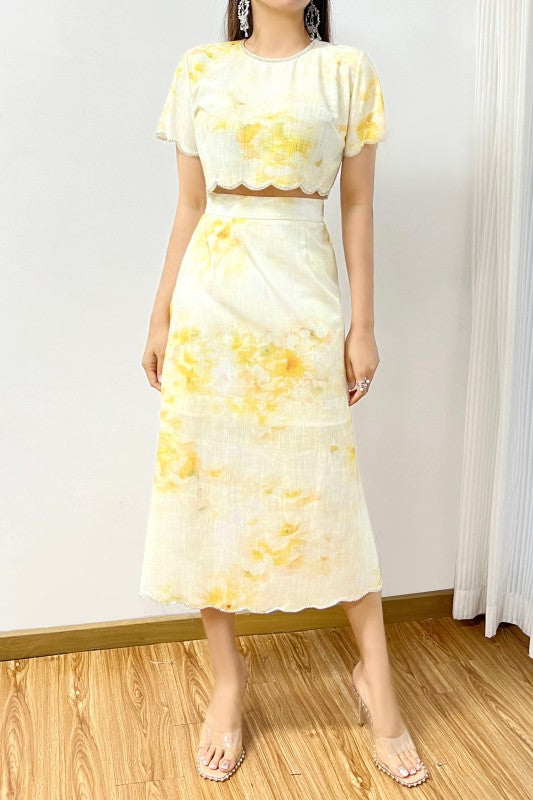La' Ros Yellow Floral Two Piece Set Scalloped Rhinestone Crop Top & Midi Skirt L