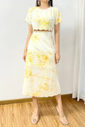 La' Ros Yellow Floral Two Piece Set Scalloped Rhinestone Crop Top & Midi Skirt L