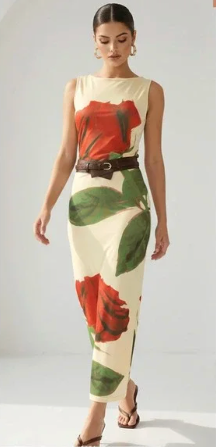 Round Neck Rose Printed Maxi Dress