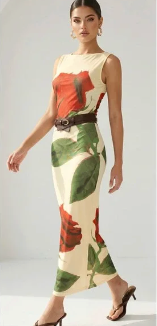 Round Neck Rose Printed Maxi Dress