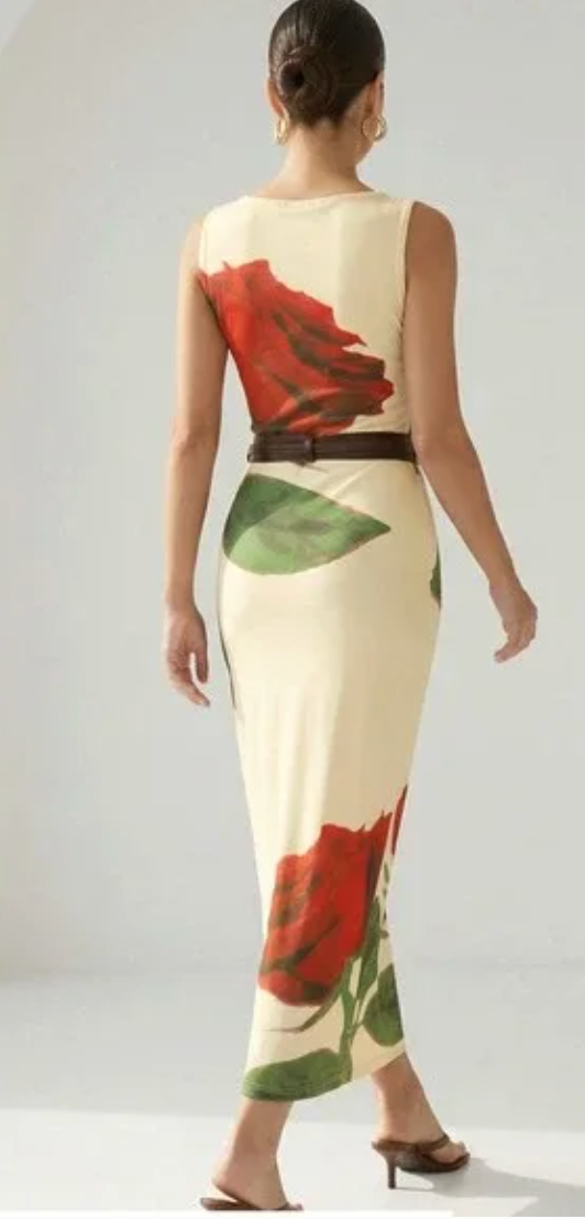 Round Neck Rose Printed Maxi Dress