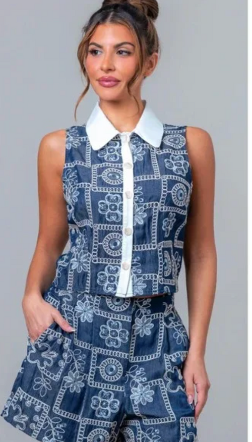 Embroidered Collar Vest and Shorts Set