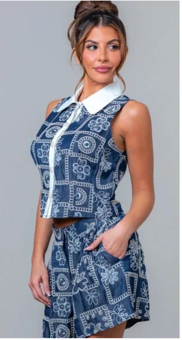 Embroidered Collar Vest and Shorts Set