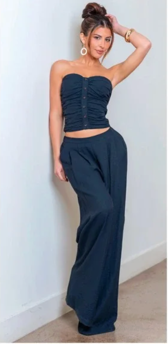 Solid Ruched Sleeveless Top and Pants Set