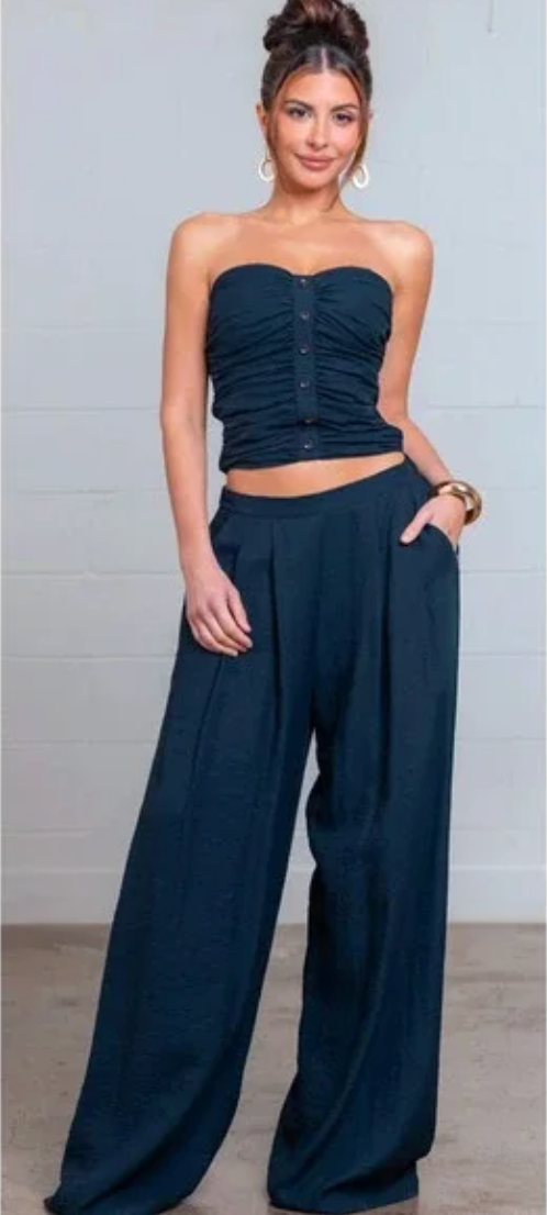 Solid Ruched Sleeveless Top and Pants Set