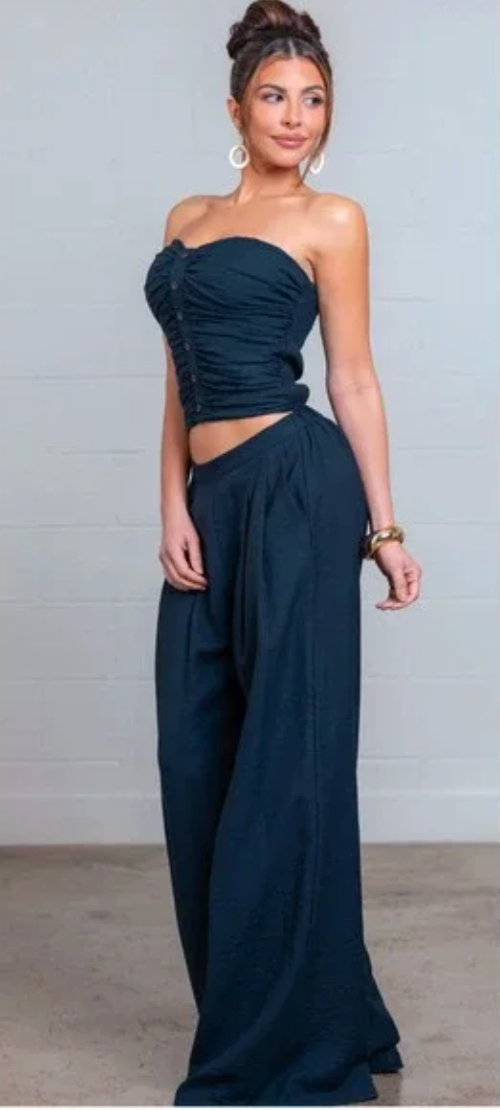 Solid Ruched Sleeveless Top and Pants Set