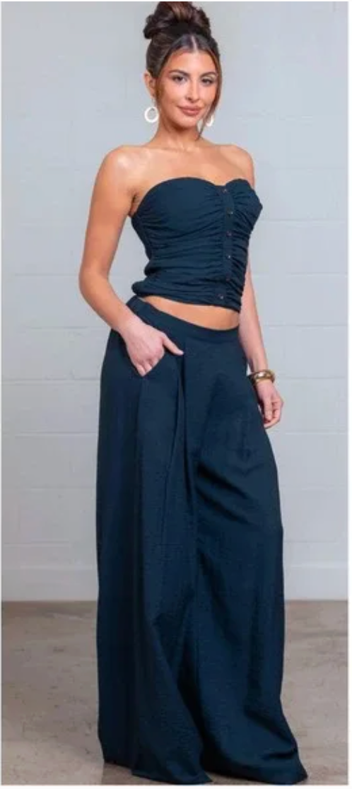 Solid Ruched Sleeveless Top and Pants Set