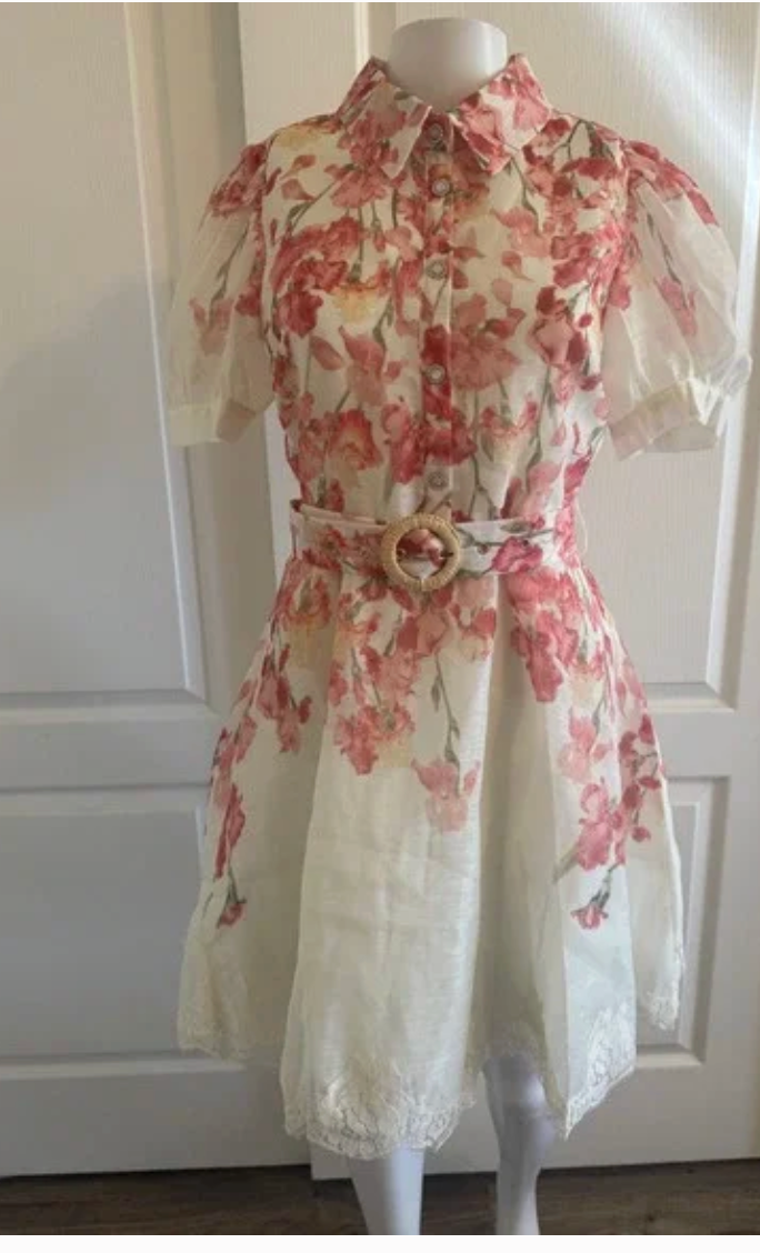 A.Peach Floral Mini Dress Pink Orange White Belted Lace Trim