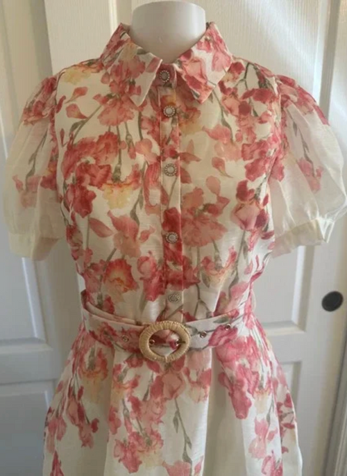 A.Peach Floral Mini Dress Pink Orange White Belted Lace Trim