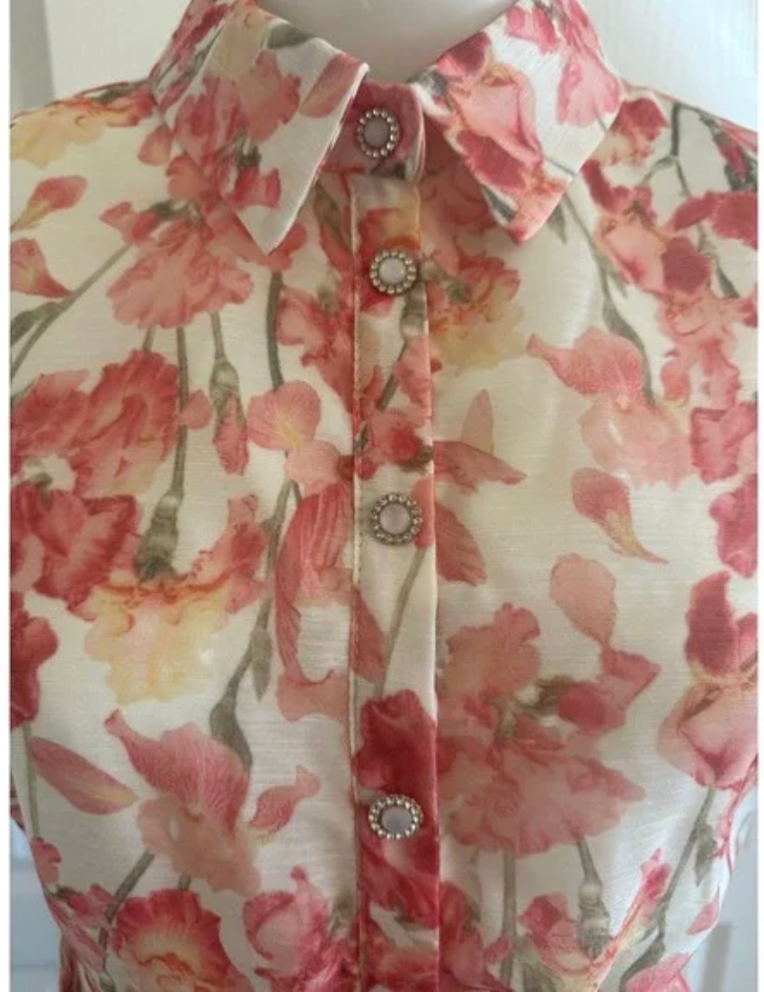 A.Peach Floral Mini Dress Pink Orange White Belted Lace Trim