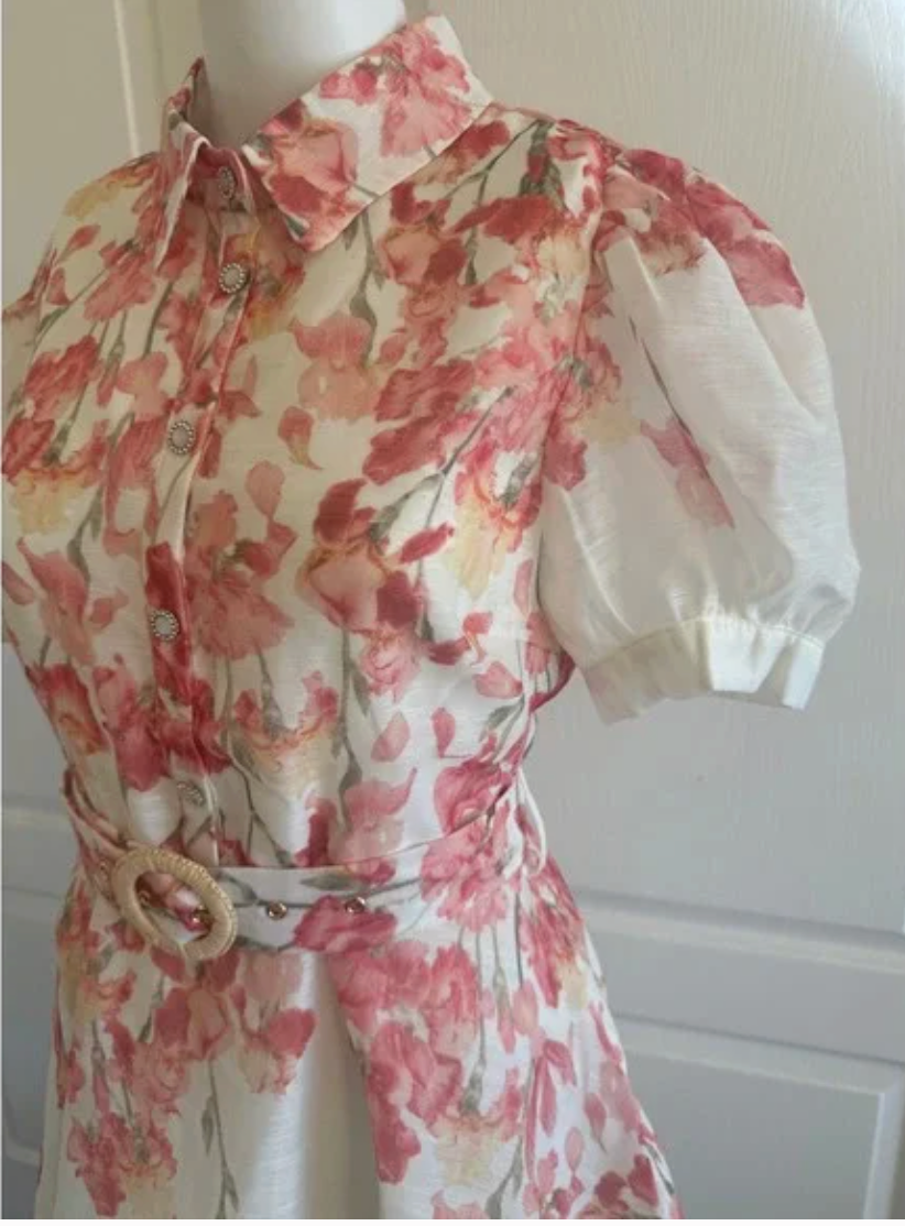A.Peach Floral Mini Dress Pink Orange White Belted Lace Trim