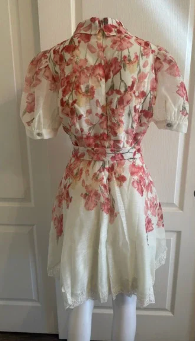 A.Peach Floral Mini Dress Pink Orange White Belted Lace Trim