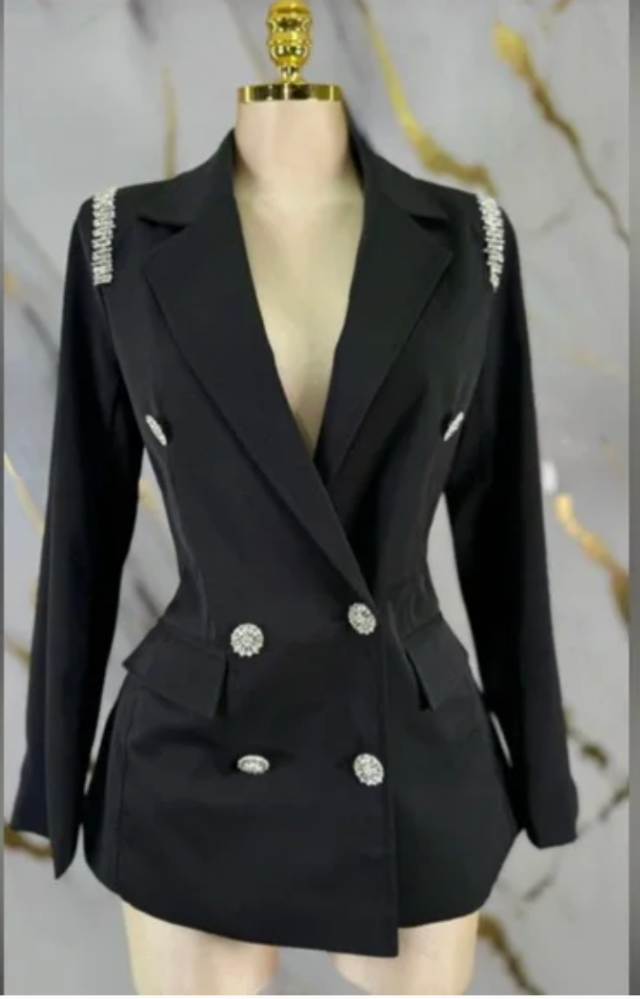 Black Double-Breasted Women's Blazer with Rhinestone Accents