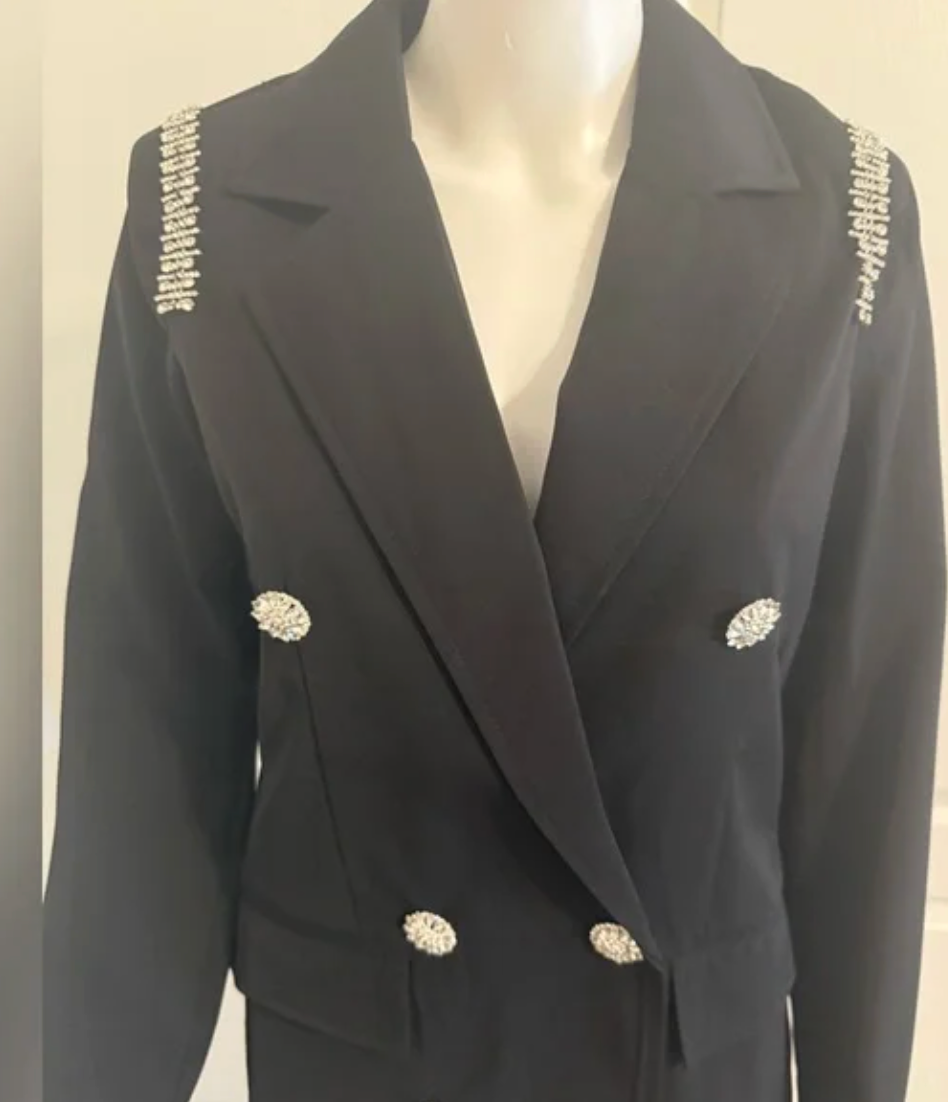 Black Double-Breasted Women's Blazer with Rhinestone Accents