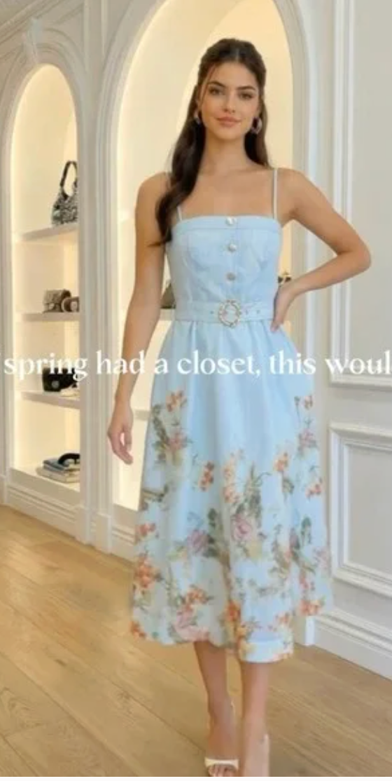 A.Peach Light Blue Floral Midi Dress Gold Button Belted NWT Large