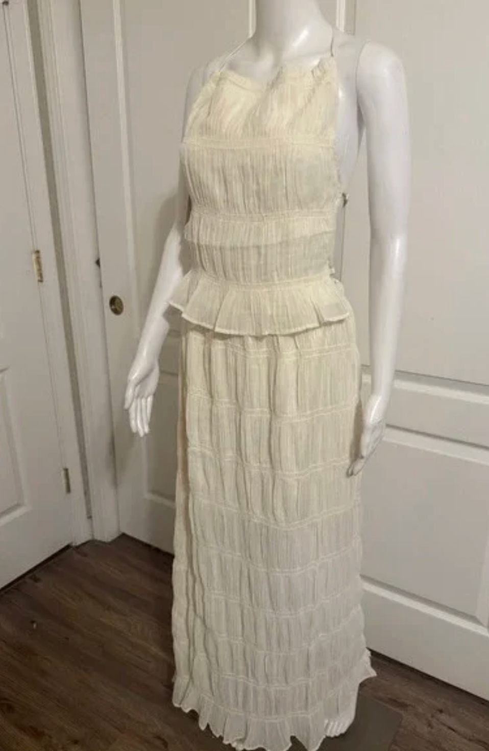 Lizette Collection Ivory Crinkle Smocked Halter Maxi Dress Peplum Open Back