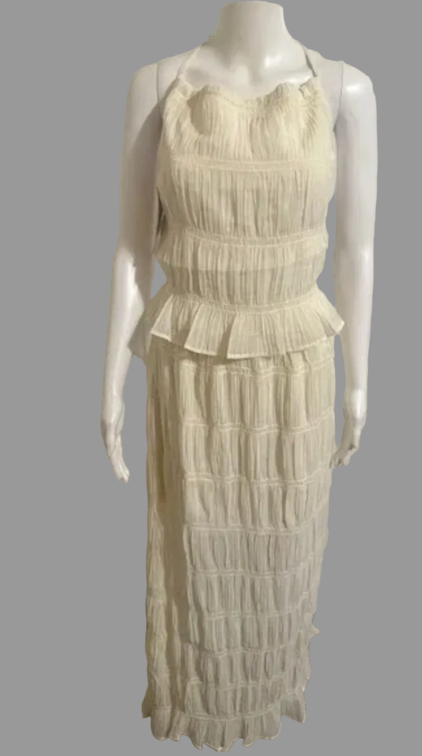 Lizette Collection Ivory Crinkle Smocked Halter Maxi Dress Peplum Open Back