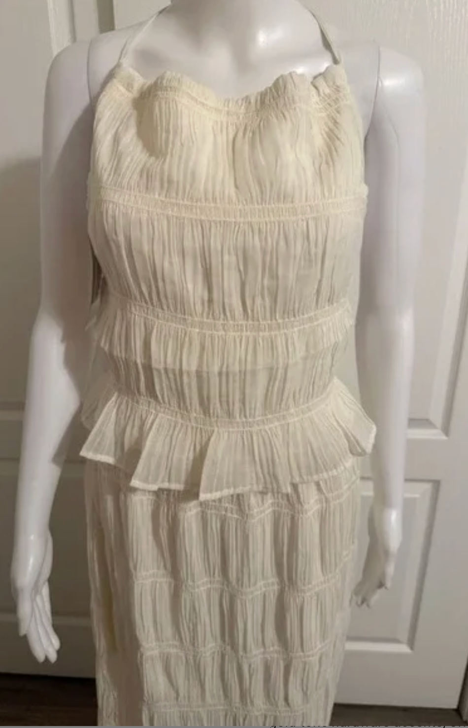 Lizette Collection Ivory Crinkle Smocked Halter Maxi Dress Peplum Open Back