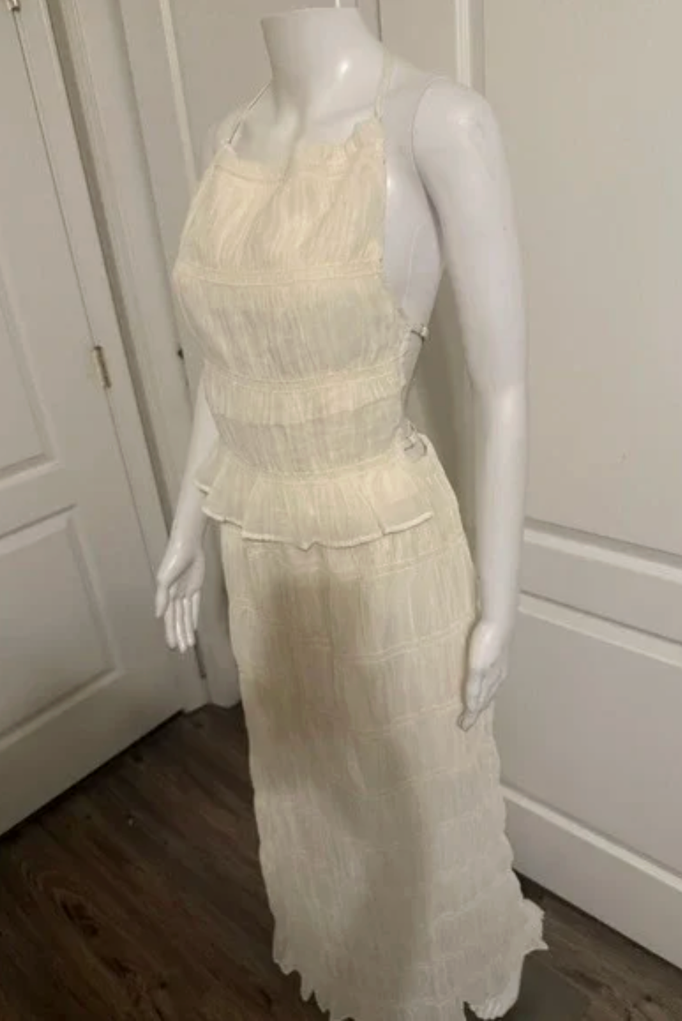 Lizette Collection Ivory Crinkle Smocked Halter Maxi Dress Peplum Open Back
