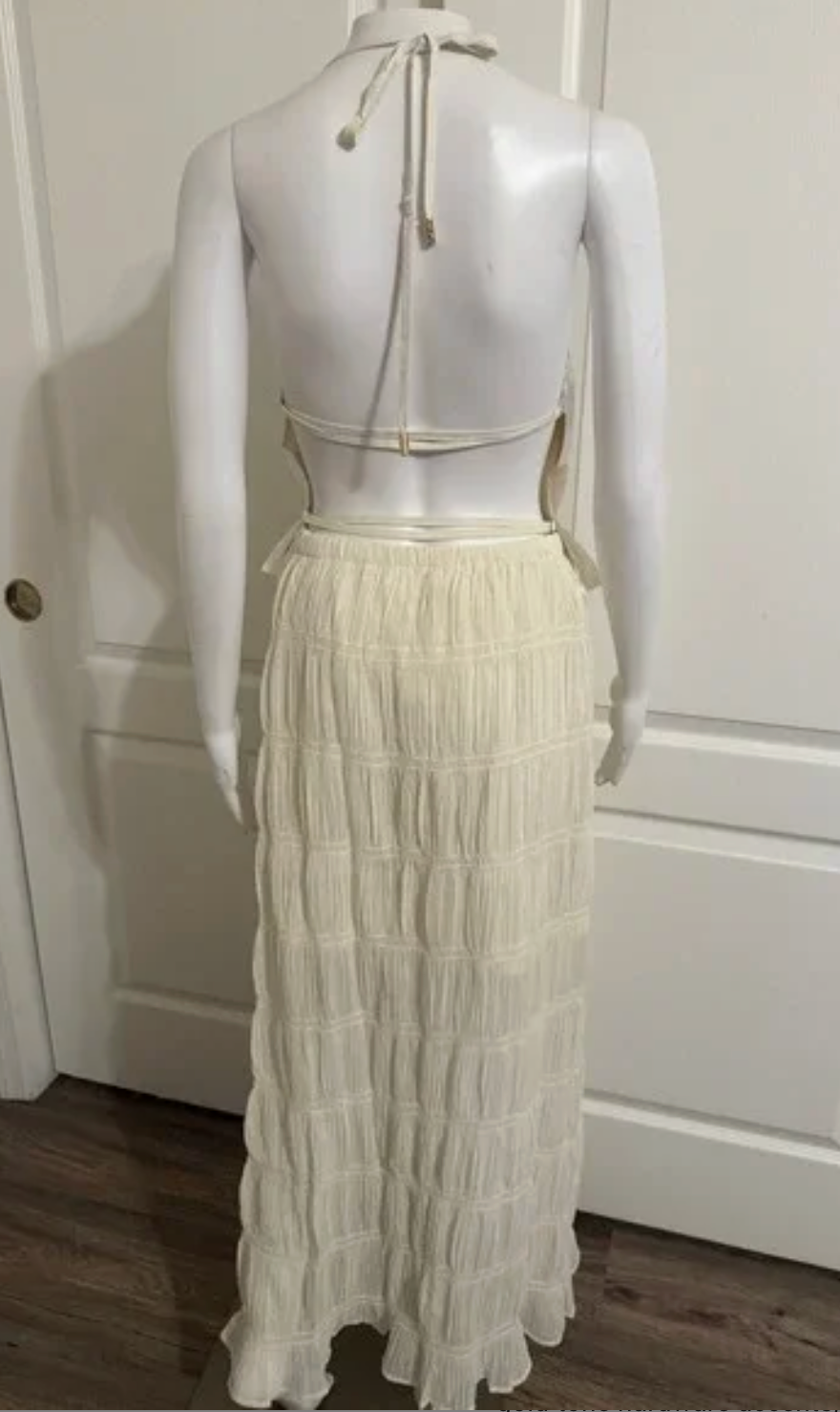 Lizette Collection Ivory Crinkle Smocked Halter Maxi Dress Peplum Open Back