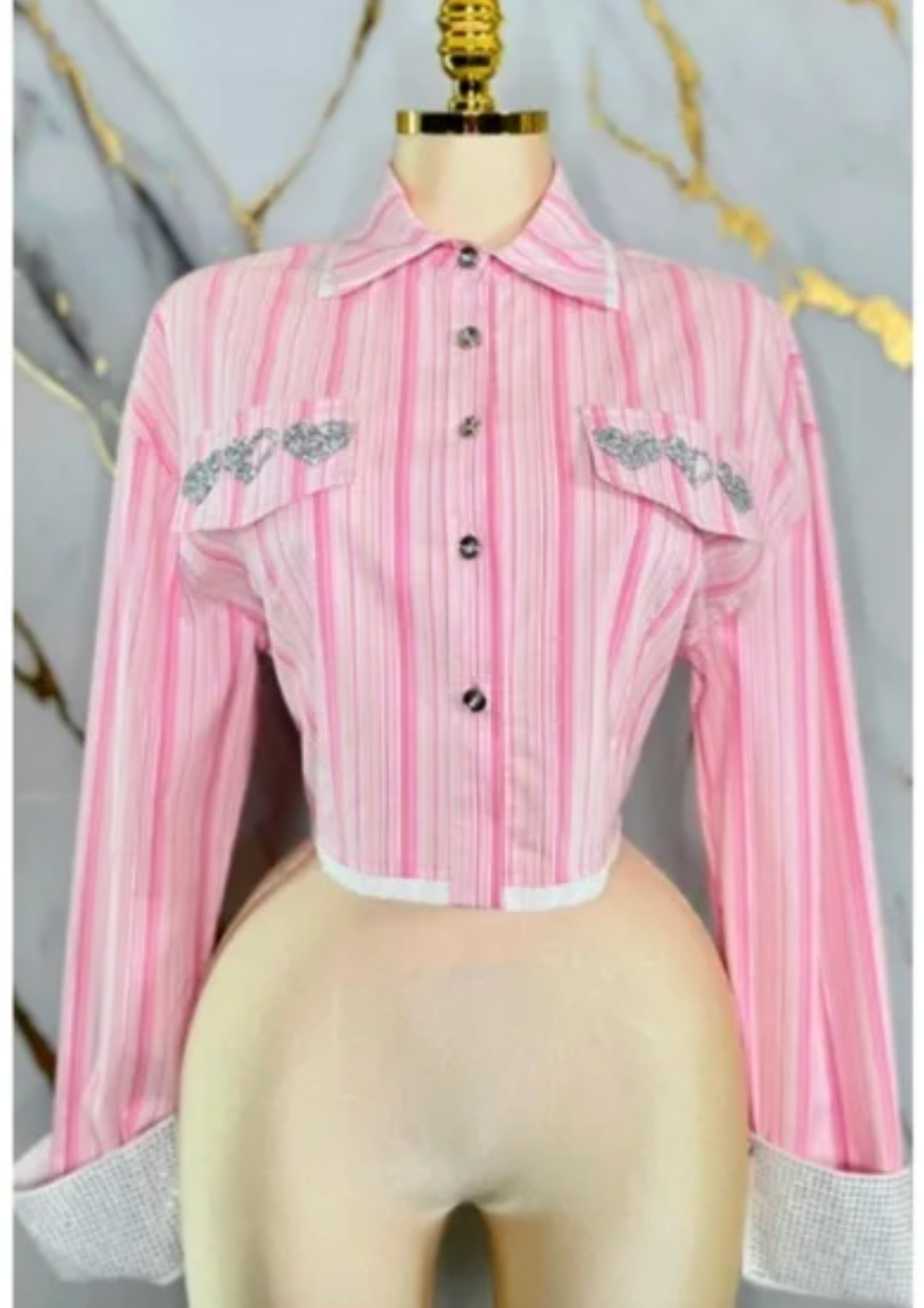 Women's Pink Striped Cropped Button-Down Shirt with Embellished Pockets