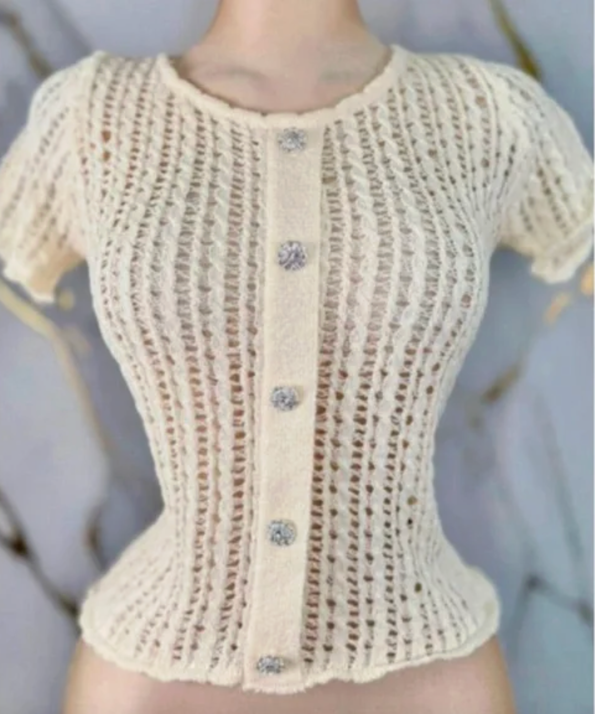 Cream Open-Knit Short Sleeve Button-Front Tunic Top