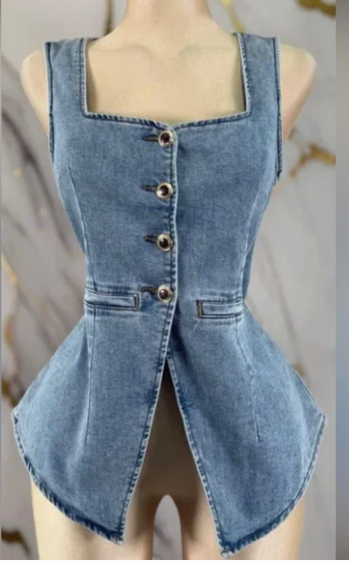 Slim-Fit Denim Vest Top in Blue with Front Buttons