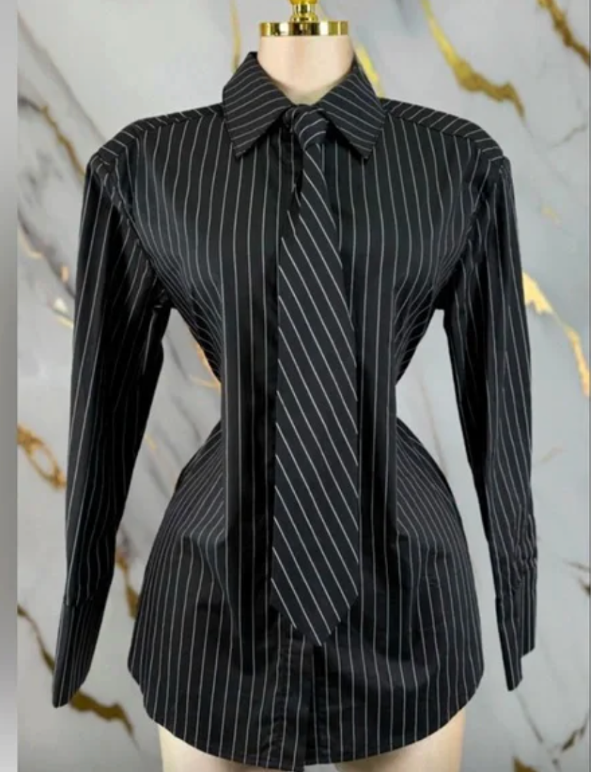 Black Pinstripe Button-Down Shirt with Matching Tie