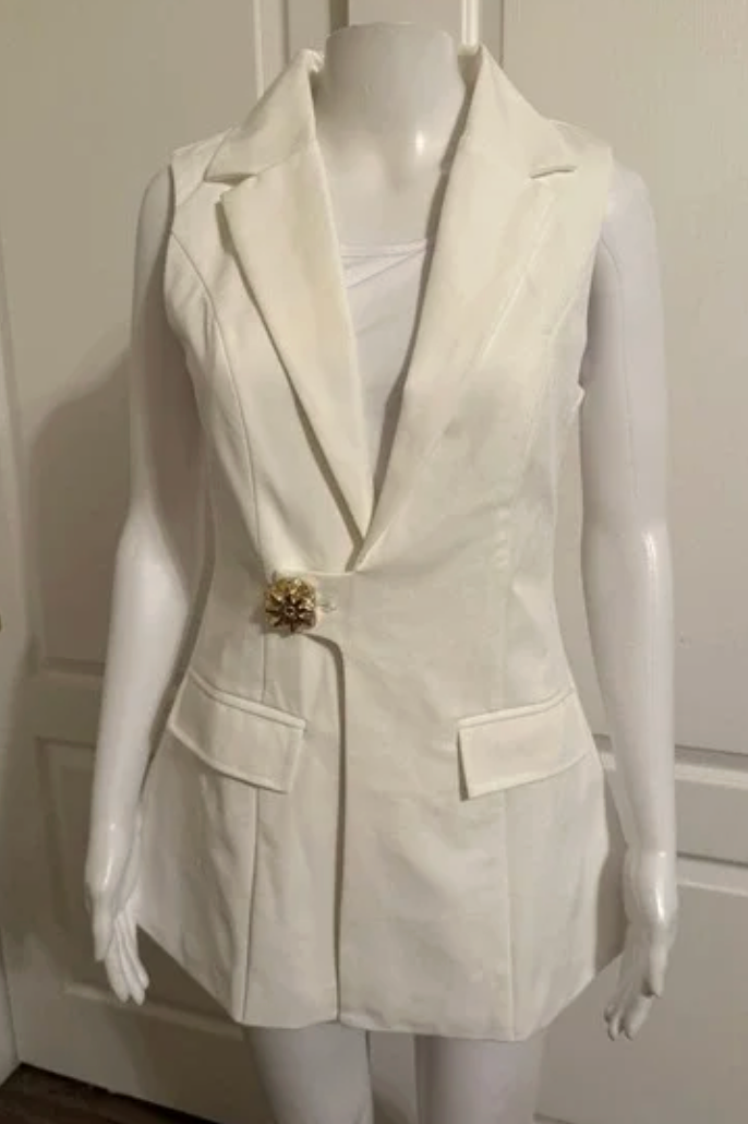 Lizette Collection White Sleeveless Blazer Vest Gold Flower Button