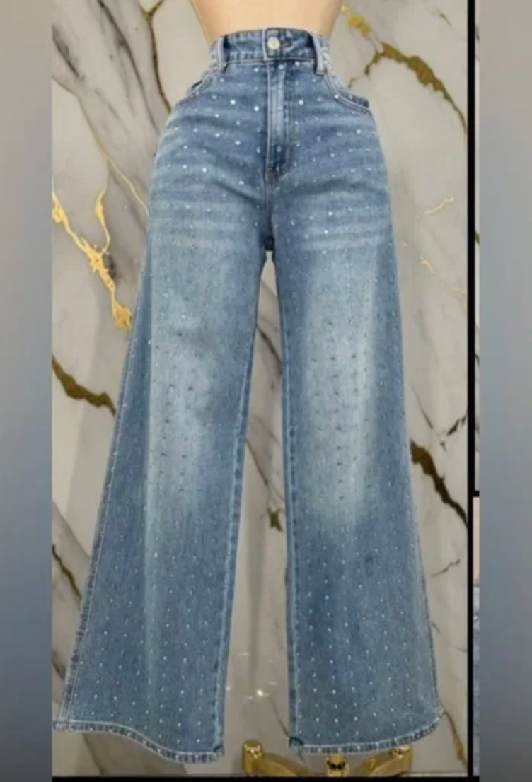 Embellished Light Blue Wide-Leg Women's Jeans