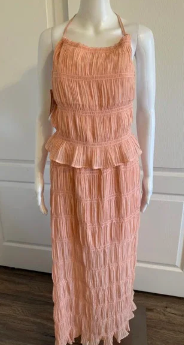 Lizette Collection Peach Smocked Halter Maxi Dress Open Back Peplum Tiered