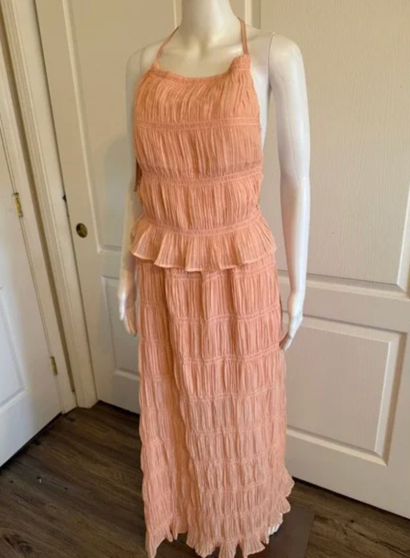 Lizette Collection Peach Smocked Halter Maxi Dress Open Back Peplum Tiered