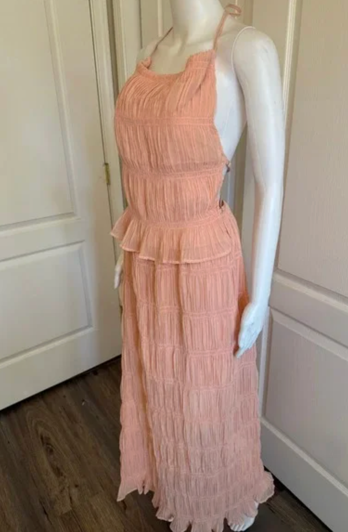 Lizette Collection Peach Smocked Halter Maxi Dress Open Back Peplum Tiered