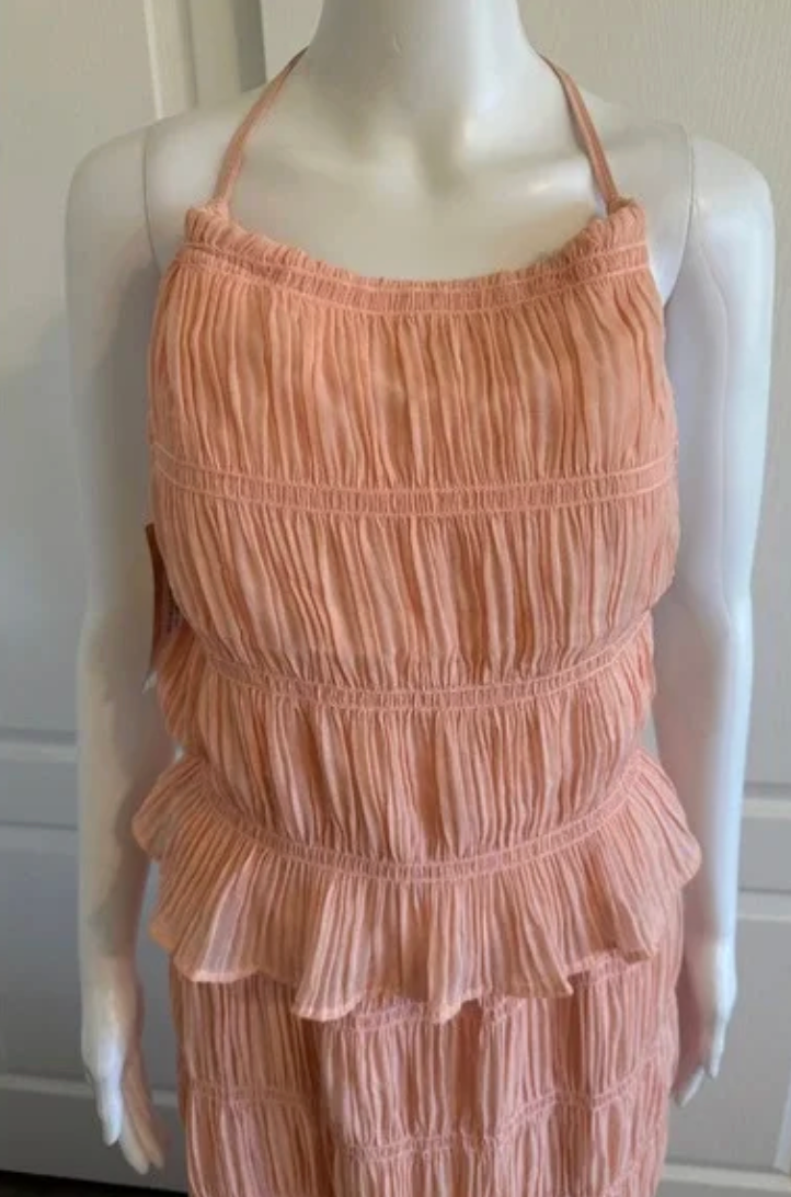 Lizette Collection Peach Smocked Halter Maxi Dress Open Back Peplum Tiered