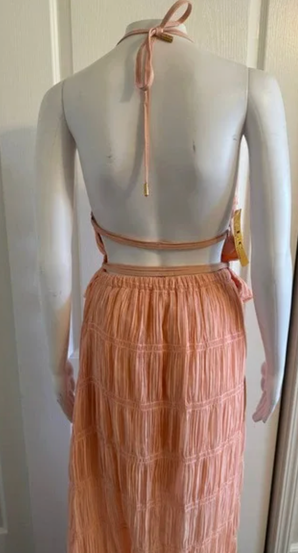 Lizette Collection Peach Smocked Halter Maxi Dress Open Back Peplum Tiered